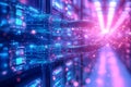 Data center with rows of glowing fiber optic cables visualizing high speed internet infrastructure and advanced data transmissi