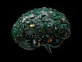 Futuristic green metallic brain with embedded circuitry symbolizing the synthesis of human intelligence neural networks and tec