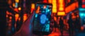 Illuminated smartphone in a vibrant urban setting displaying a glowing lock icon, representing cybersecurity awareness and data
