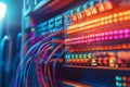 Server rack with glowing multicolored network cables visualizing high speed internet data transfer and organized network infras