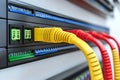Yellow red and green ethernet cables plugged into server equipment representing secure data transmission and organized networki