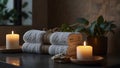 AI generated Tranquil indoor wellness area is visualized with aromatic candles and a scenic background of green nature Royalty Free Stock Photo