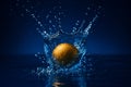AI generated high speed water splash featuring a golden object creating a dynamic crown like burst with flying droplets deep blue Royalty Free Stock Photo