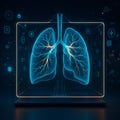 AI generated high tech holographic lungs inside transparent glowing box with floating digital interface showing advanced Royalty Free Stock Photo