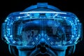 High tech VR helmet with blue lights, showcasing advanced virtual reality technology and sleek design.
