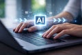 AI generated holographic AI interface above laptop keyboard with digital circuits arrows and data flow for smart office automation Royalty Free Stock Photo