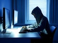 AI generated hooded Hacker breaks into data server
