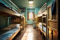 Ai generated of Hostel dormitory beds arranged in dorm room with white plain bunk bed in dormitory.Hotel dormitory have many beds