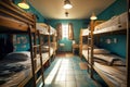 Ai generated of Hostel dormitory beds arranged in dorm room with white plain bunk bed in dormitory.Hotel dormitory have many beds