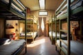 Ai generated of Hostel dormitory beds arranged in dorm room with white plain bunk bed in dormitory.Hotel dormitory have many beds