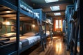 Ai generated of Hostel dormitory beds arranged in dorm room with white plain bunk bed in dormitory.Hotel dormitory have many beds