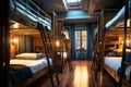 Ai generated of Hostel dormitory beds arranged in dorm room with white plain bunk bed in dormitory.Hotel dormitory have many beds