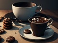 AI generated hot cups of chocolate drinks alongwith chocolate cookies Royalty Free Stock Photo