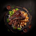 AI Generated house BBQ ribs with french fries and salad