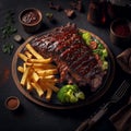 AI Generated house BBQ ribs with french fries and salad top view