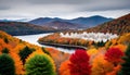 a lake with a lake and a forest with a mountain in the background Royalty Free Stock Photo