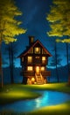 house in the summer magical forest AI Generated