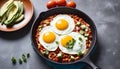 huevos rancheros with fried eggs in a skillet with tomatoes and avocado