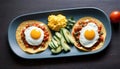 huevos rancheros with two tacos with eggs and tomatoes on a blue plate