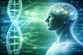 AI generated human brain and dna visualization with digital interfaces representing genetics genomics biotechnology and medical Royalty Free Stock Photo