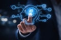 AI generated human finger touching digital ai brain interface with hologram icons data network cybersecurity innovation smart Royalty Free Stock Photo