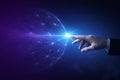 AI generated human hand touching glowing digital network sphere representing technology connection artificial intelligence Royalty Free Stock Photo