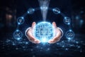 AI generated human hands holding artificial intelligence core with data networks automation analytics cloud security and digital Royalty Free Stock Photo