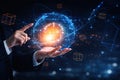 AI generated human hands interacting with a glowing digital energy sphere symbolizing artificial intelligence data networks Royalty Free Stock Photo