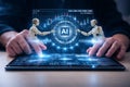 AI generated human hands using a tablet with holographic AI interface and two robots exchanging data showing analytics dashboards Royalty Free Stock Photo
