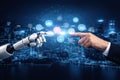 AI generated human and robot hands connecting through digital interface representing artificial intelligence collaboration smart Royalty Free Stock Photo