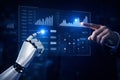 AI generated human and robotic hands interacting holographic data dashboard analytics charts and metrics. Futuristic technology Royalty Free Stock Photo
