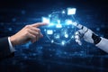 AI generated human and robotic hands touching holographic data icons for file sharing cloud computing and digital collaboration in Royalty Free Stock Photo
