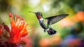 AI generated hummingbird flying near red flower