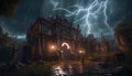 AI generated hunted mansion with thunderstorm and lightning
