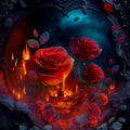 AI generated hyper-realistic art illustration of a red roses with fire effects. Royalty Free Stock Photo