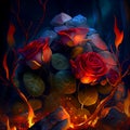 AI generated hyper-realistic art illustration of a red roses with fire effects. Royalty Free Stock Photo