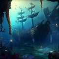 AI generated hyper-realistic illustration of an abandoned sunken ship underwater