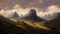 AI generated hyper-realistic illustration of beautiful mountains against a cloudy sky