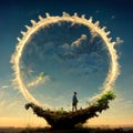 AI generated hyper-realistic illustration of a boy standing in the middle of a ring of clouds