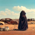 AI generated hyper-realistic illustration of a figure in a desert with abandoned cars
