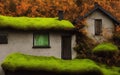 AI generated hyper realistic illustration of a small cozy countryside house with mossy rooftops