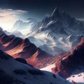 AI-generated hyper-realistic illustration of valley and snow covered mountain range at sunset. Royalty Free Stock Photo