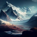 AI-generated hyper-realistic illustration of valley and snow covered mountain range at sunset. Royalty Free Stock Photo