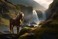 AI generated Icelandic horse standing near lake surrounded by greenery mountains