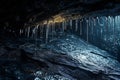 AI-generated Icicles hanging from a rock ceiling in a dimly lit cave