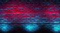 Illuminated brick wall with a vivid neon light gradient from blue to red, creating a dynamic and modern textured background