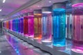 Illuminated Rainbow Light Columns in Modern Hallway, Creating a Futuristic and Dynamic Visual Display