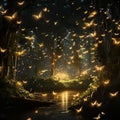 Illustrate the fascinating sight of a swarm of fireflies creating a mesmerizing light by AI generated
