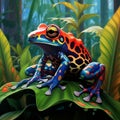 Illustrate the intricate patterns and vibrant colors of a venomous poison dart frog by AI generated