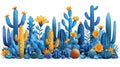 Illustrated diverse cactus garden with flowering plants in a vibrant blue hue.